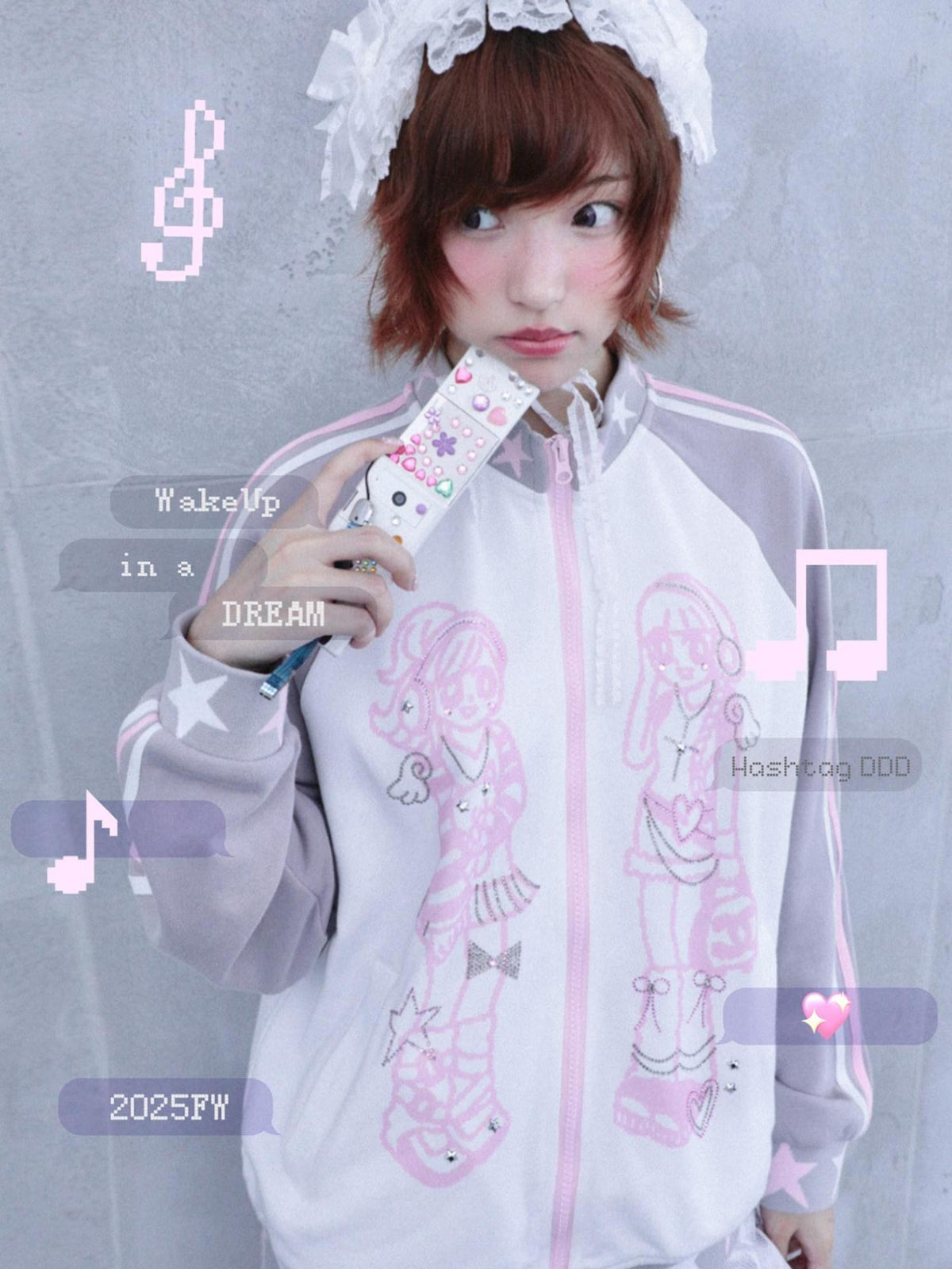 Hashtag DDD Rhinestone Star Stand Collar Zip Up Cotton Women's Casual Jackets