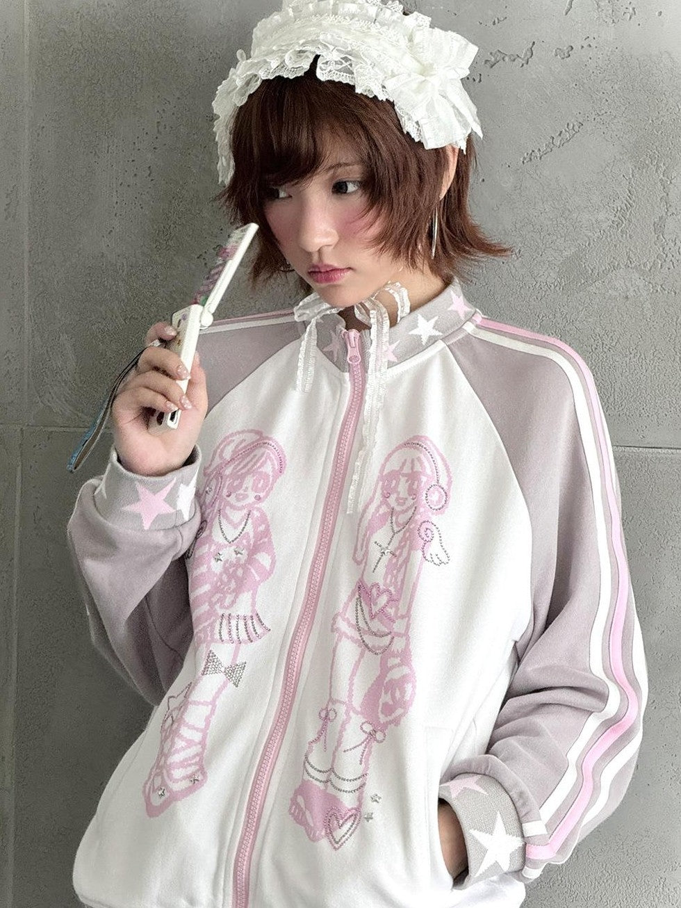 Hashtag DDD Rhinestone Star Stand Collar Zip Up Cotton Women's Casual Jackets