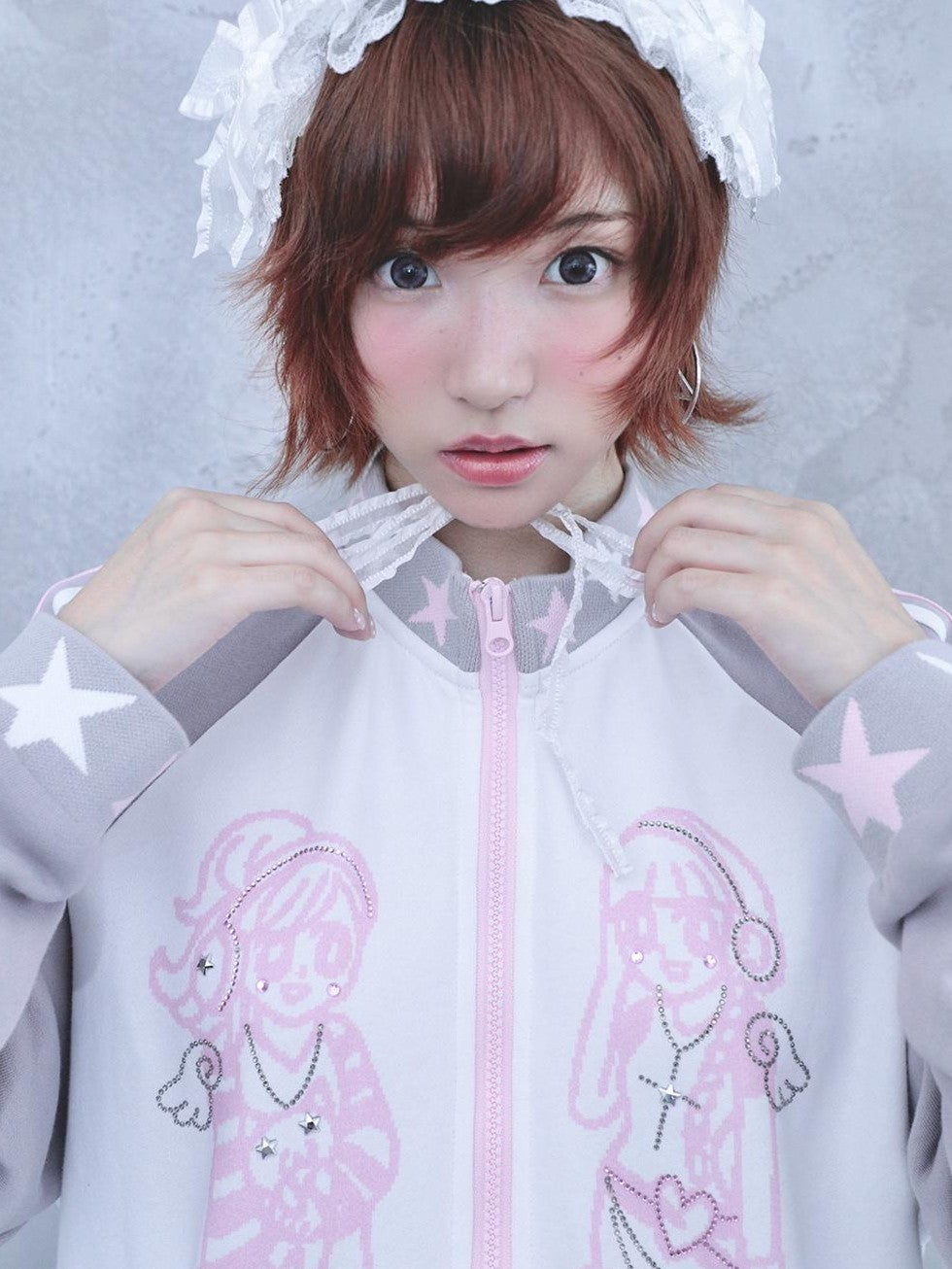 Hashtag DDD Rhinestone Star Stand Collar Zip Up Cotton Women's Casual Jackets