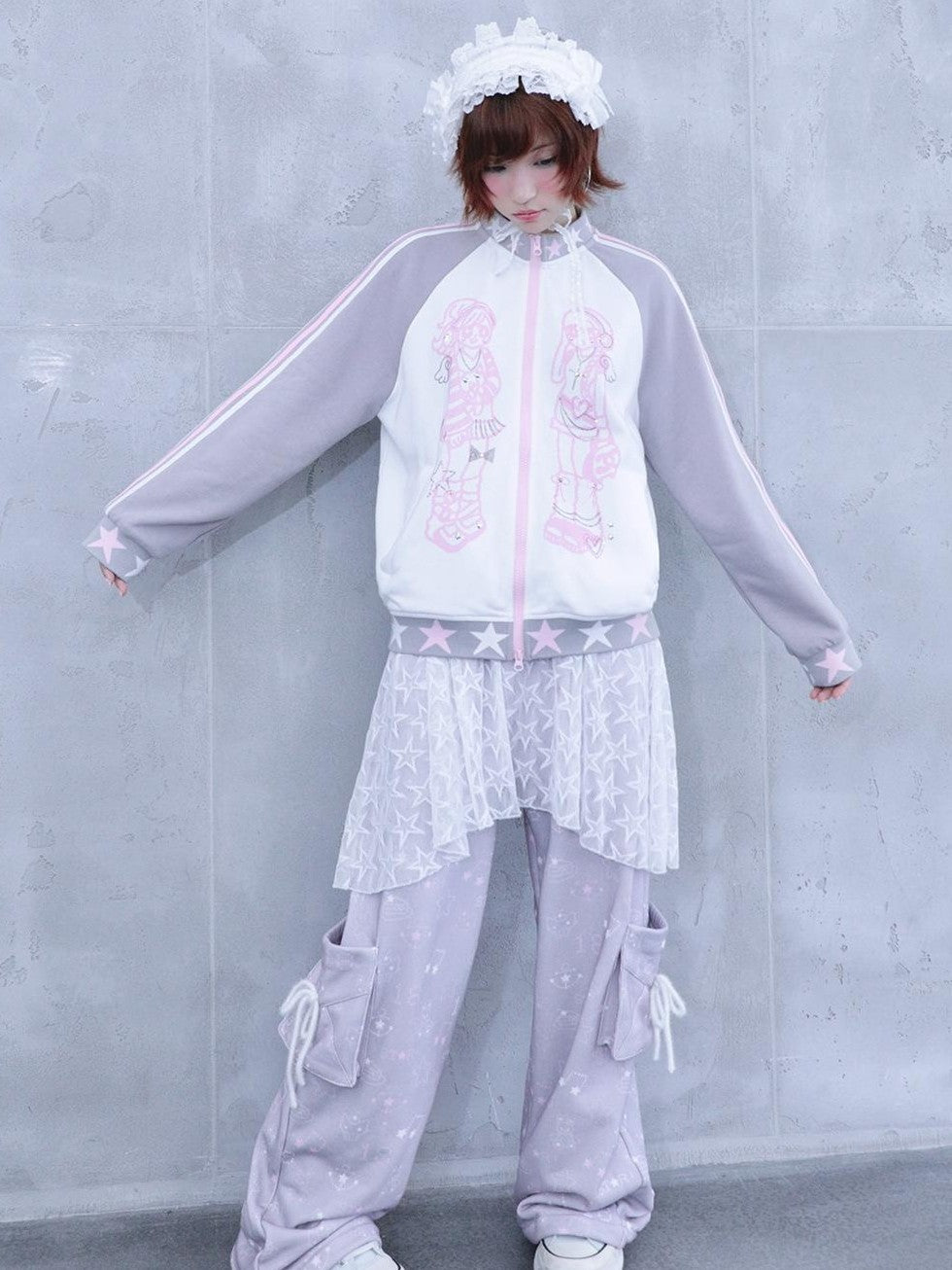 Hashtag DDD Rhinestone Star Stand Collar Zip Up Cotton Women's Casual Jackets
