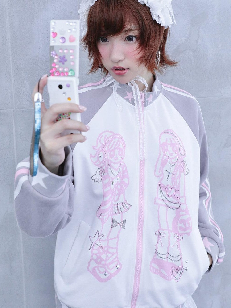Hashtag DDD Rhinestone Star Stand Collar Zip Up Cotton Women's Casual Jackets