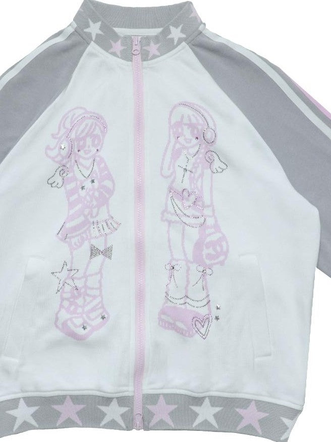 Hashtag DDD Rhinestone Star Stand Collar Zip Up Cotton Women's Casual Jackets