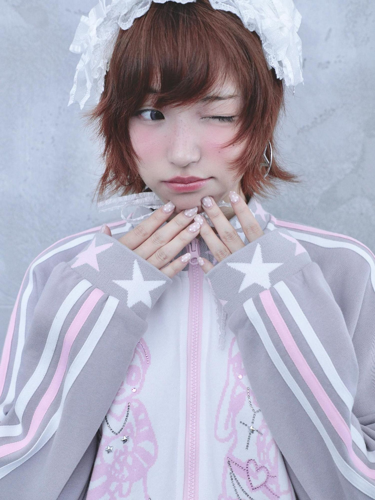 Hashtag DDD Rhinestone Star Stand Collar Zip Up Cotton Women's Casual Jackets