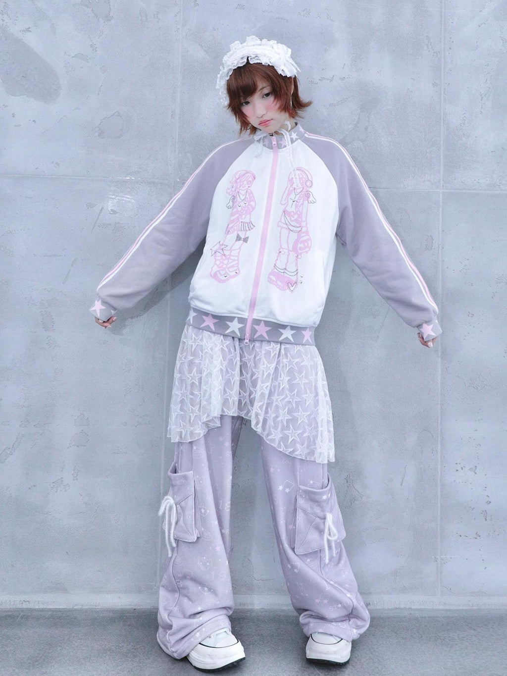 Hashtag DDD Rhinestone Star Stand Collar Zip Up Cotton Women's Casual Jackets
