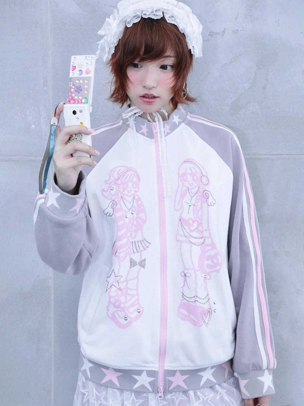 Hashtag DDD Rhinestone Star Stand Collar Zip Up Cotton Women's Casual Jackets