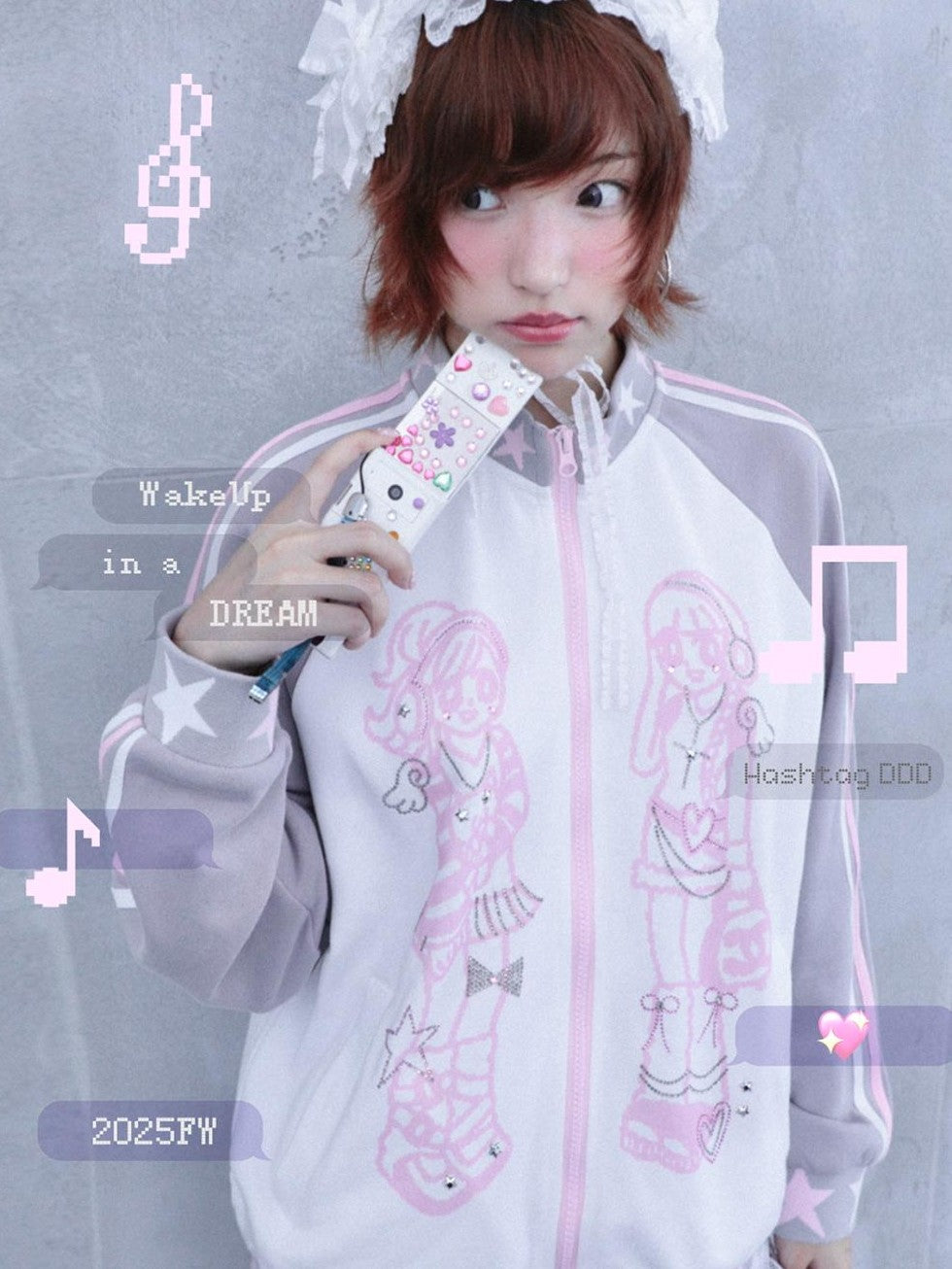 Hashtag DDD Rhinestone Star Stand Collar Zip Up Cotton Women's Casual Jackets