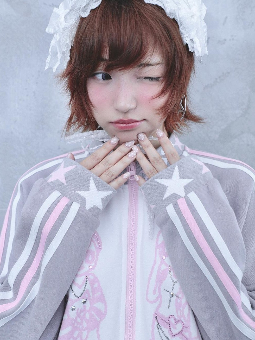 Hashtag DDD Rhinestone Star Stand Collar Zip Up Cotton Women's Casual Jackets