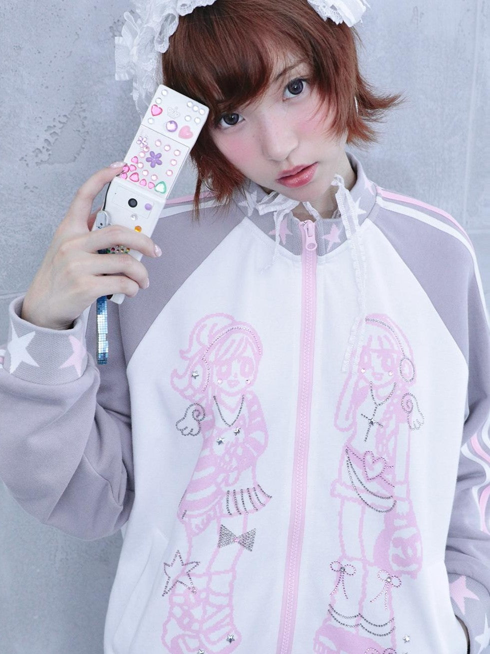 Hashtag DDD Rhinestone Star Stand Collar Zip Up Cotton Women's Casual Jackets