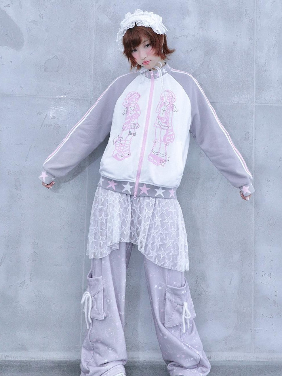 Hashtag DDD Rhinestone Star Stand Collar Zip Up Cotton Women's Casual Jackets