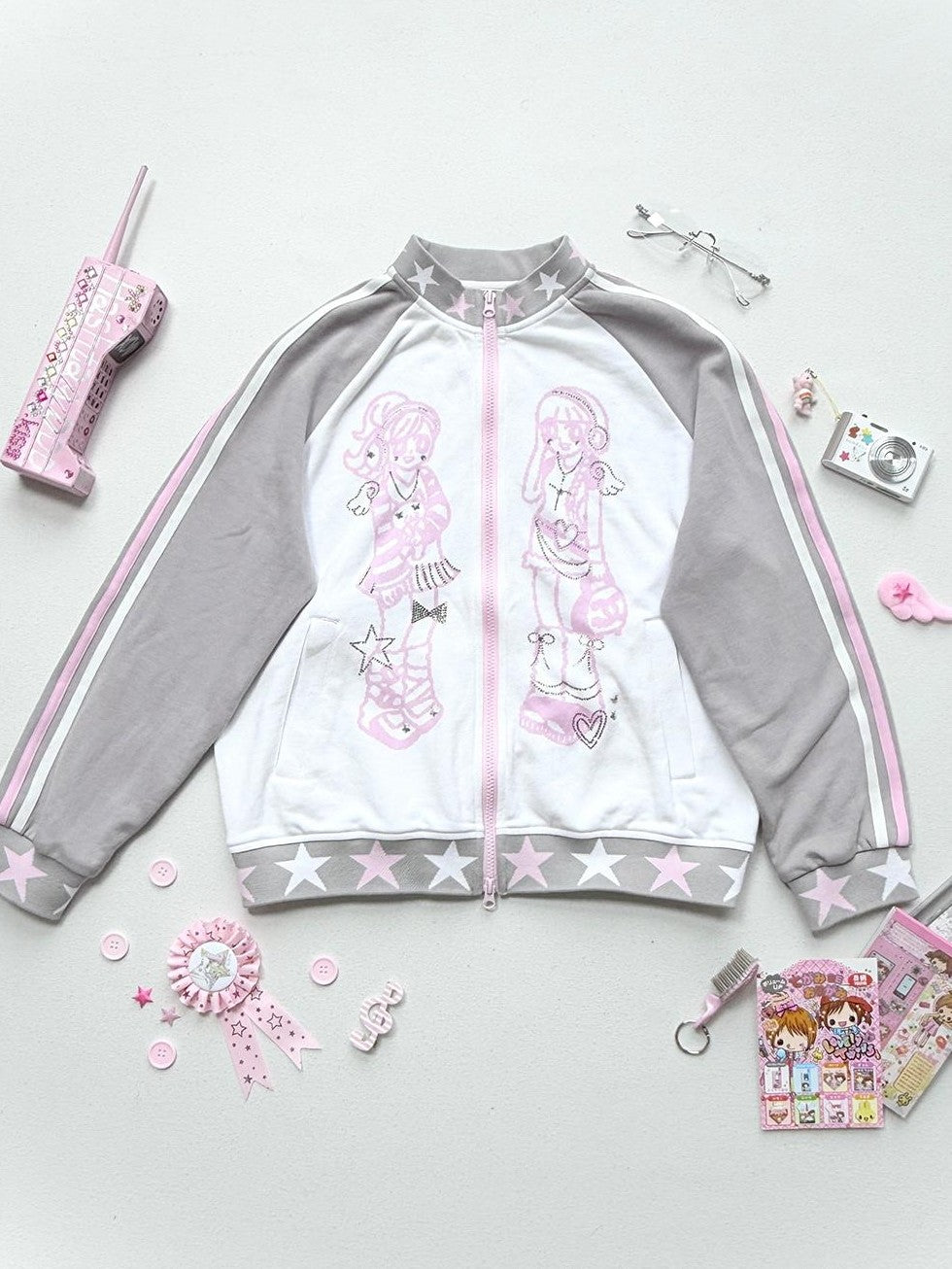 Hashtag DDD Rhinestone Star Stand Collar Zip Up Cotton Women's Casual Jackets