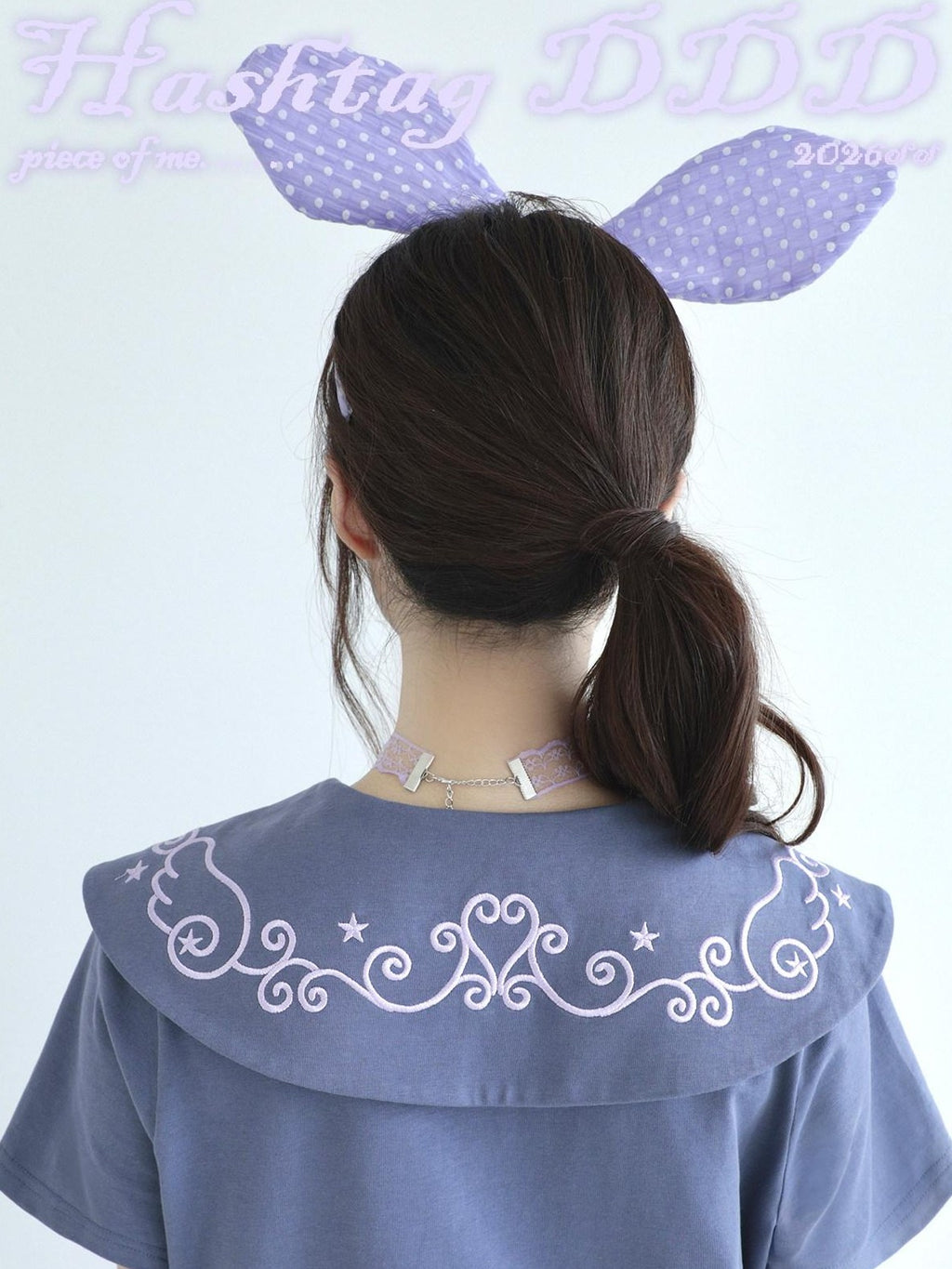 Hashtag DDD Sailor Polka Dot Embroidered Zipper Women's Cotton Short Sleeve T-shirts