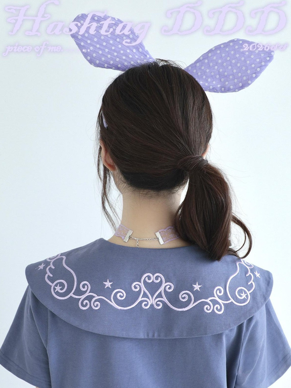 Hashtag DDD Sailor Polka Dot Embroidered Zipper Women's Cotton Short Sleeve T-shirts