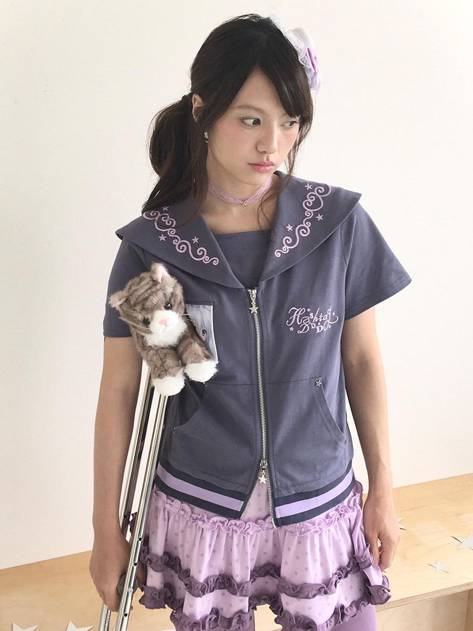 Hashtag DDD Sailor Polka Dot Embroidered Zipper Women's Cotton Short Sleeve T-shirts