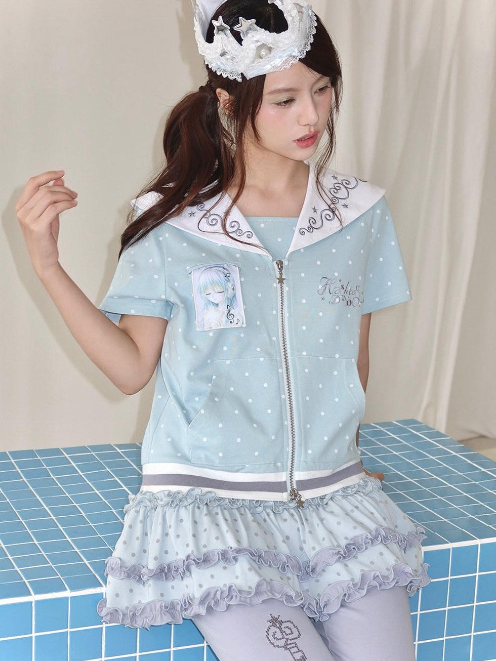 Hashtag DDD Sailor Polka Dot Embroidered Zipper Women's Cotton Short Sleeve T-shirts