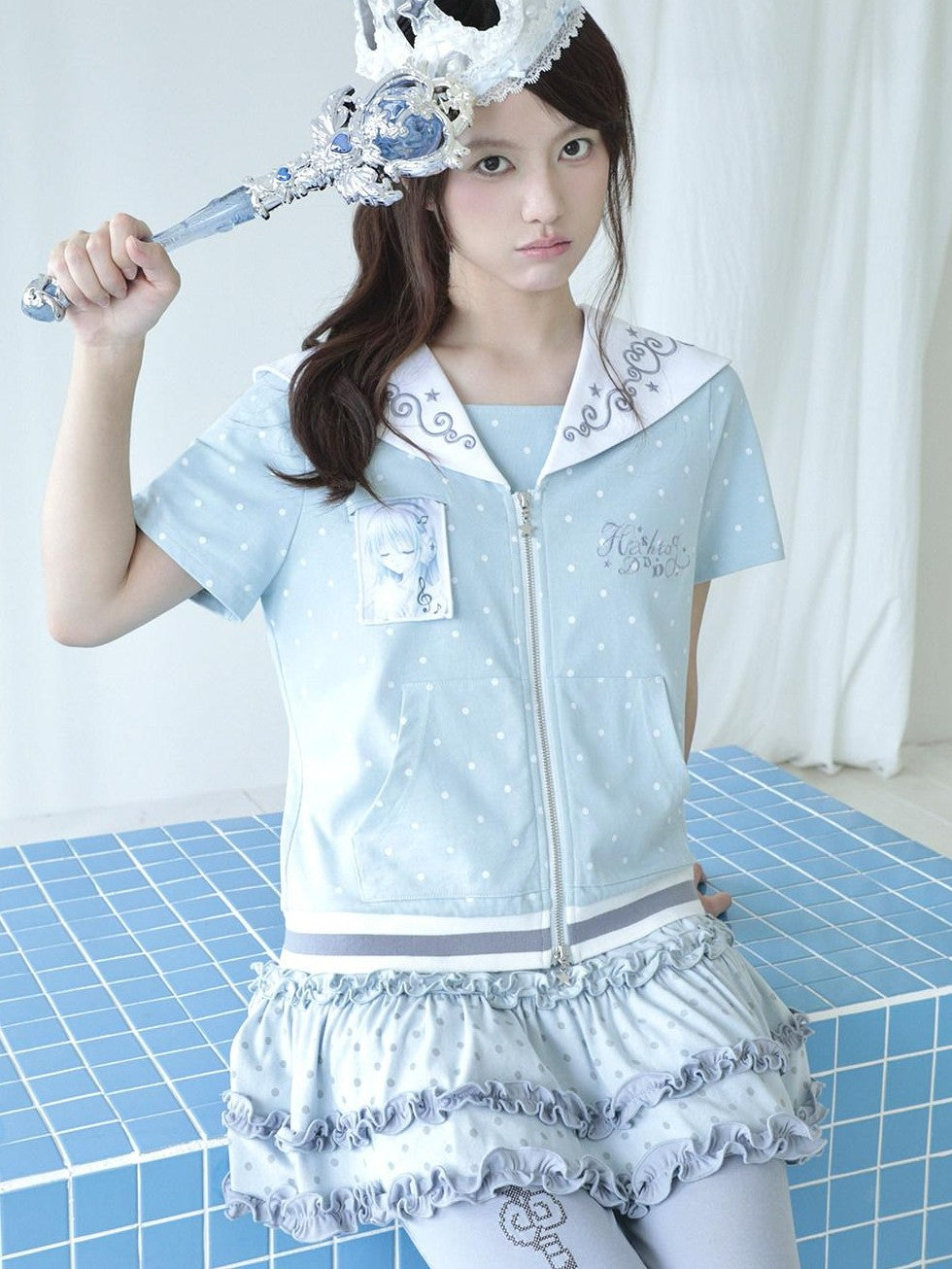 Hashtag DDD Sailor Polka Dot Embroidered Zipper Women's Cotton Short Sleeve T-shirts