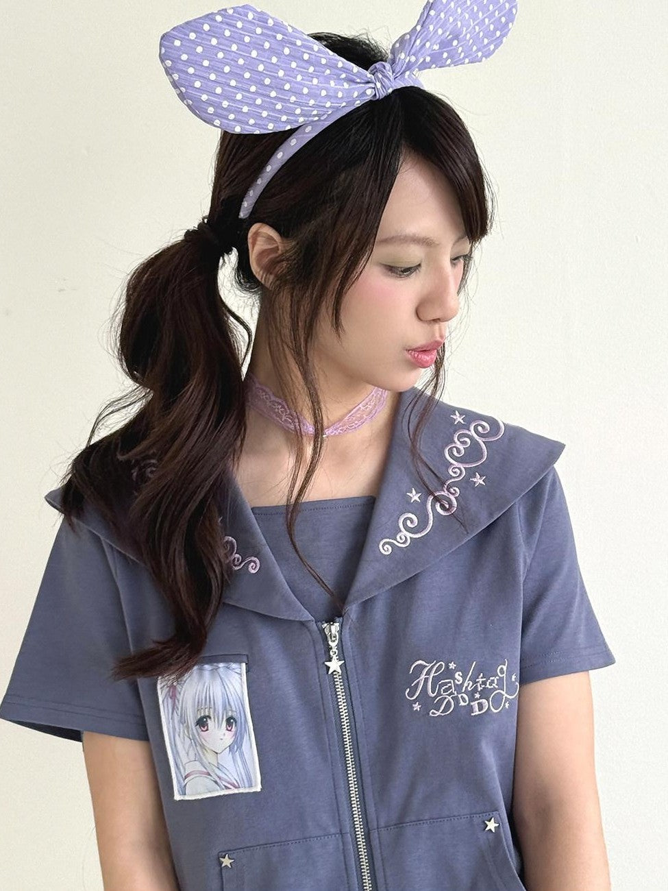 Hashtag DDD Sailor Polka Dot Embroidered Zipper Women's Cotton Short Sleeve T-shirts