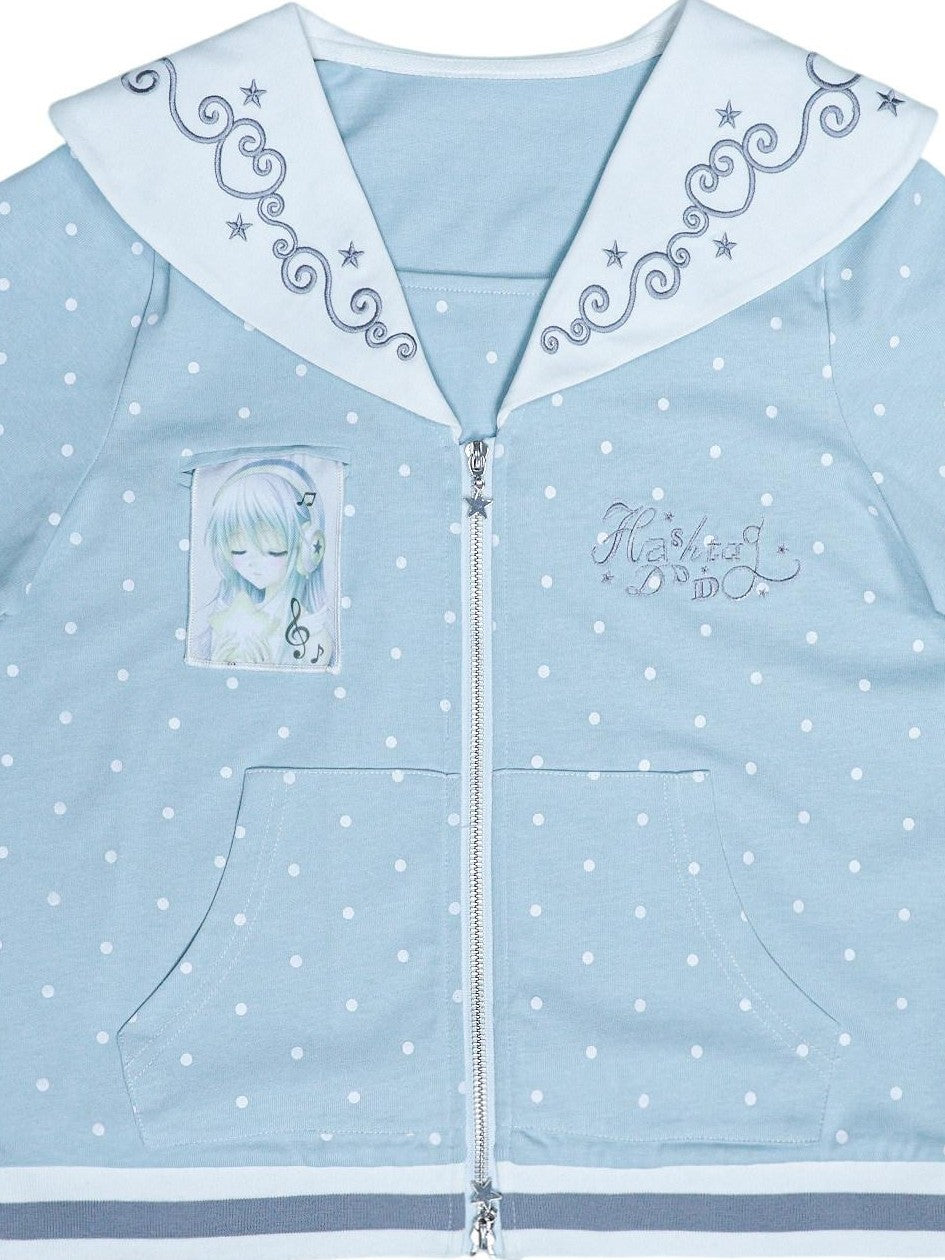 Hashtag DDD Sailor Polka Dot Embroidered Zipper Women's Cotton Short Sleeve T-shirts