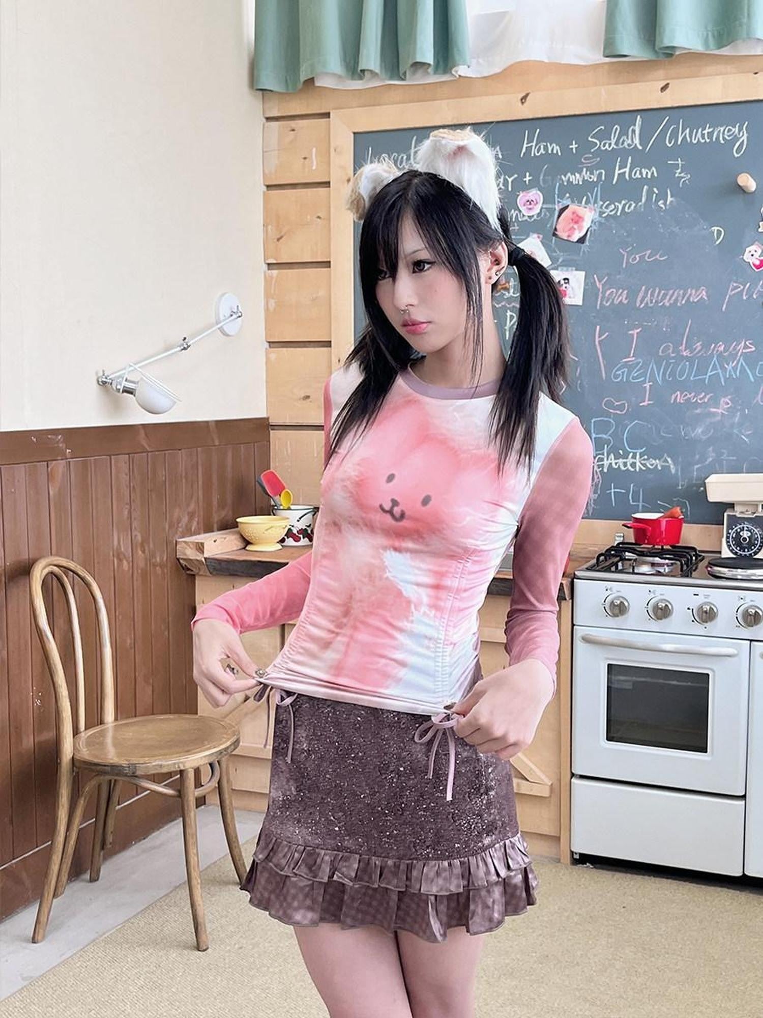 Hashtag DDD Sheer Mesh Slim Stretch Bear Paw Women's Polyester Spandex Long Sleeve T-shirts