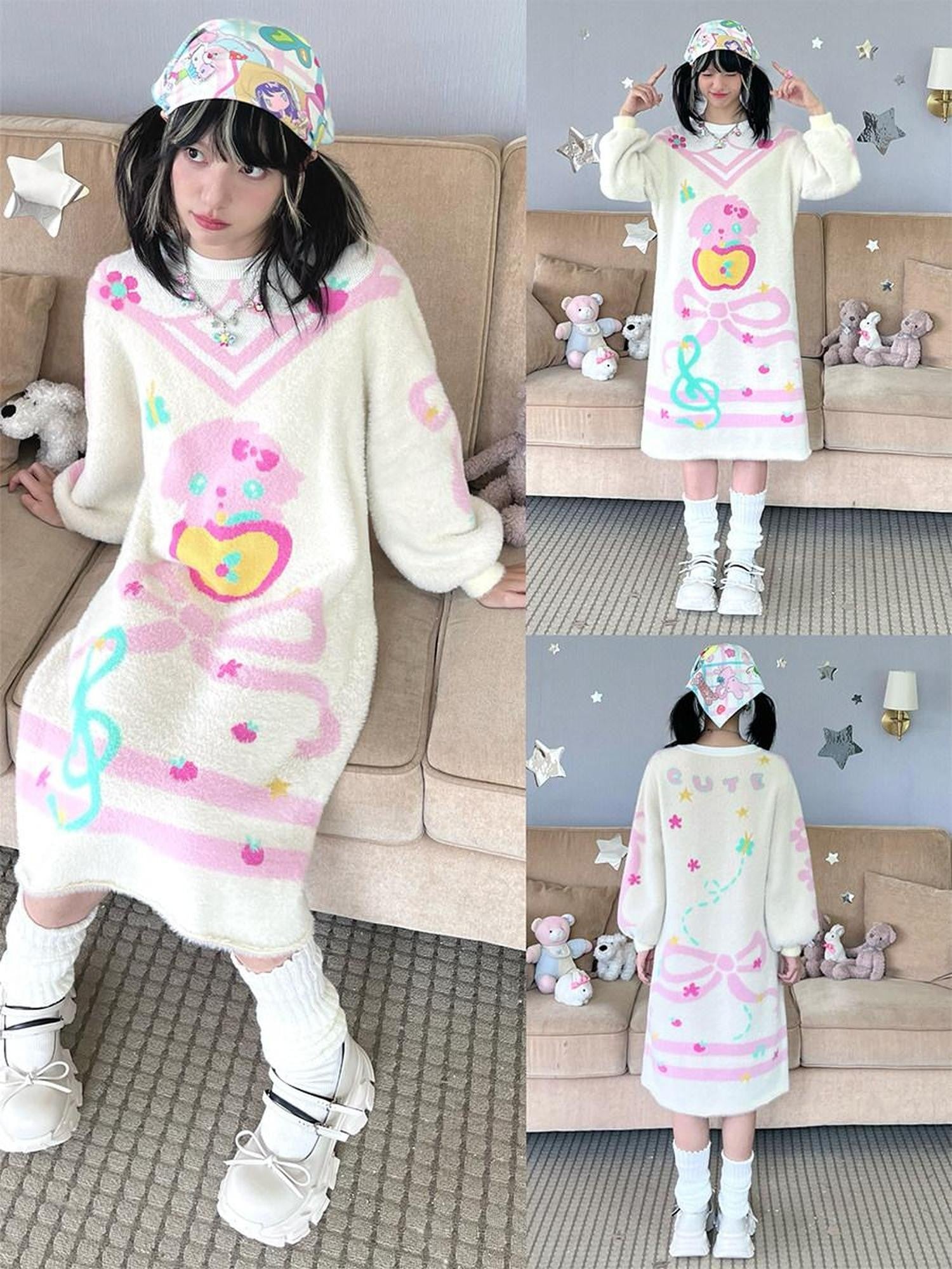 Hashtag DDD Showa Beige Faux Mink Knit Women's Cotton Blend Casual Midi Dresses