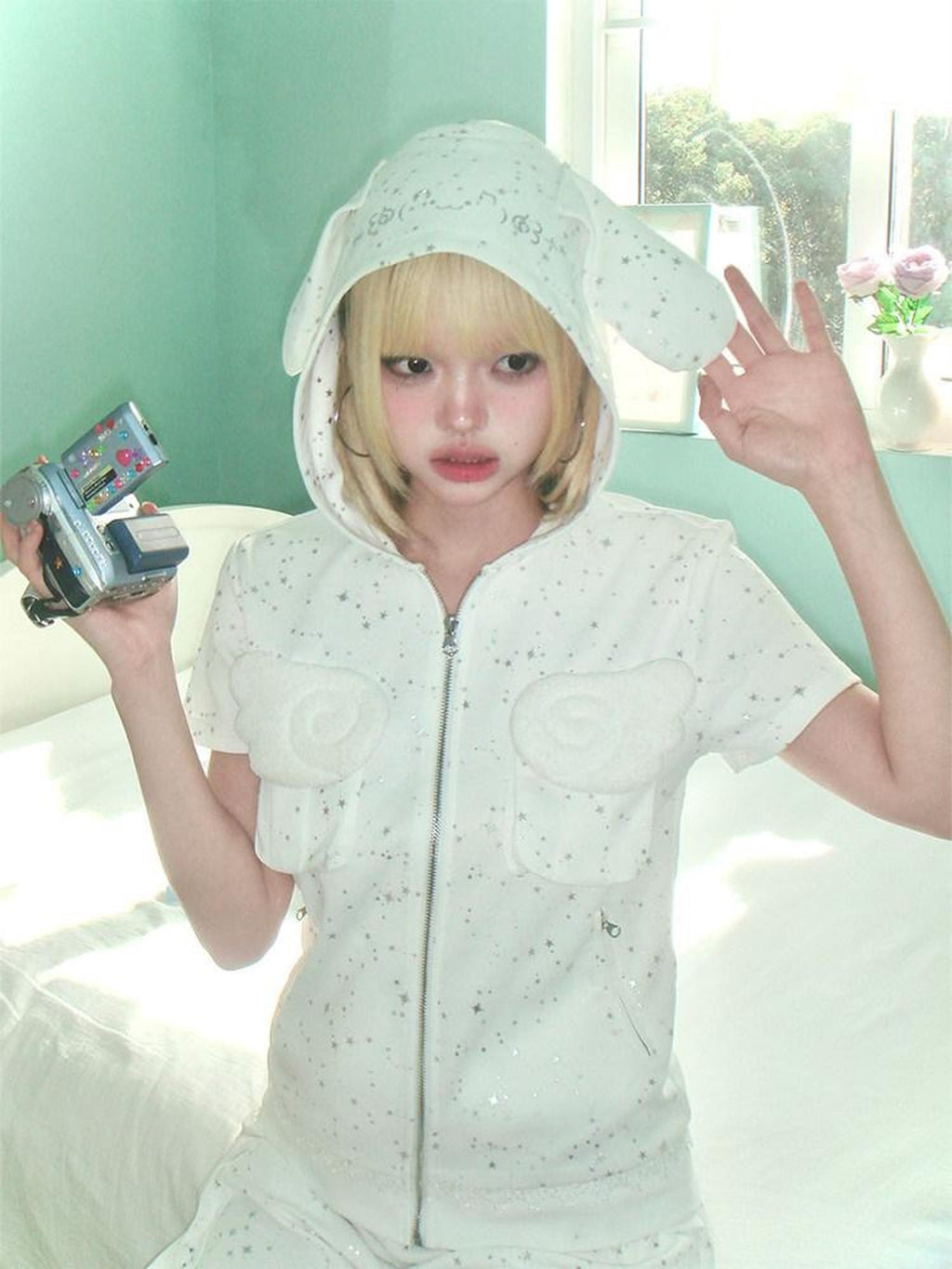 Hashtag DDD Silver Hotfix Angel Wing Rhinestone Rabbit Ear Hooded Women's Cotton Cardigans