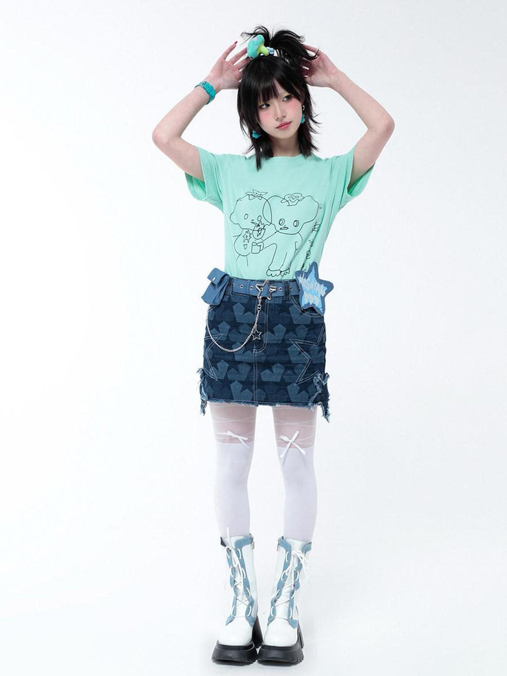 Hashtag DDD Star Embroidery A Line Mid Rise Pocket Women's 100 Percent Cotton Denim Skirts