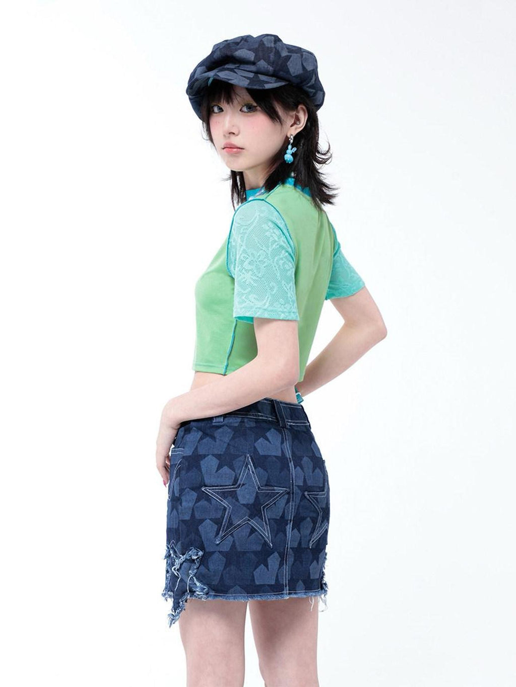 Hashtag DDD Star Embroidery A Line Mid Rise Pocket Women's 100 Percent Cotton Denim Skirts