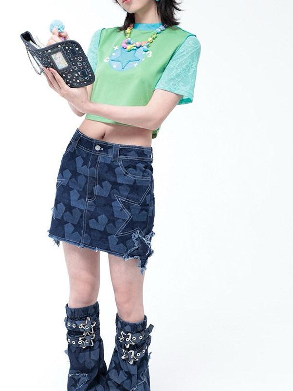 Hashtag DDD Star Embroidery A Line Mid Rise Pocket Women's 100 Percent Cotton Denim Skirts