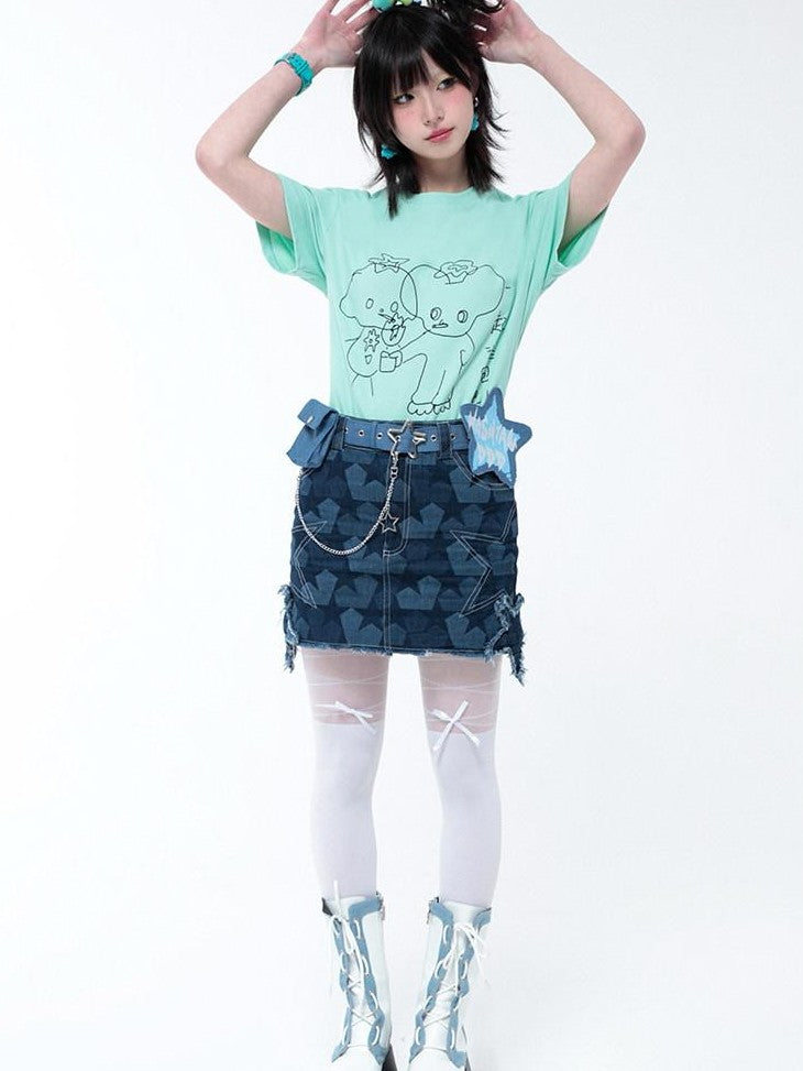 Hashtag DDD Star Embroidery A Line Mid Rise Pocket Women's 100 Percent Cotton Denim Skirts