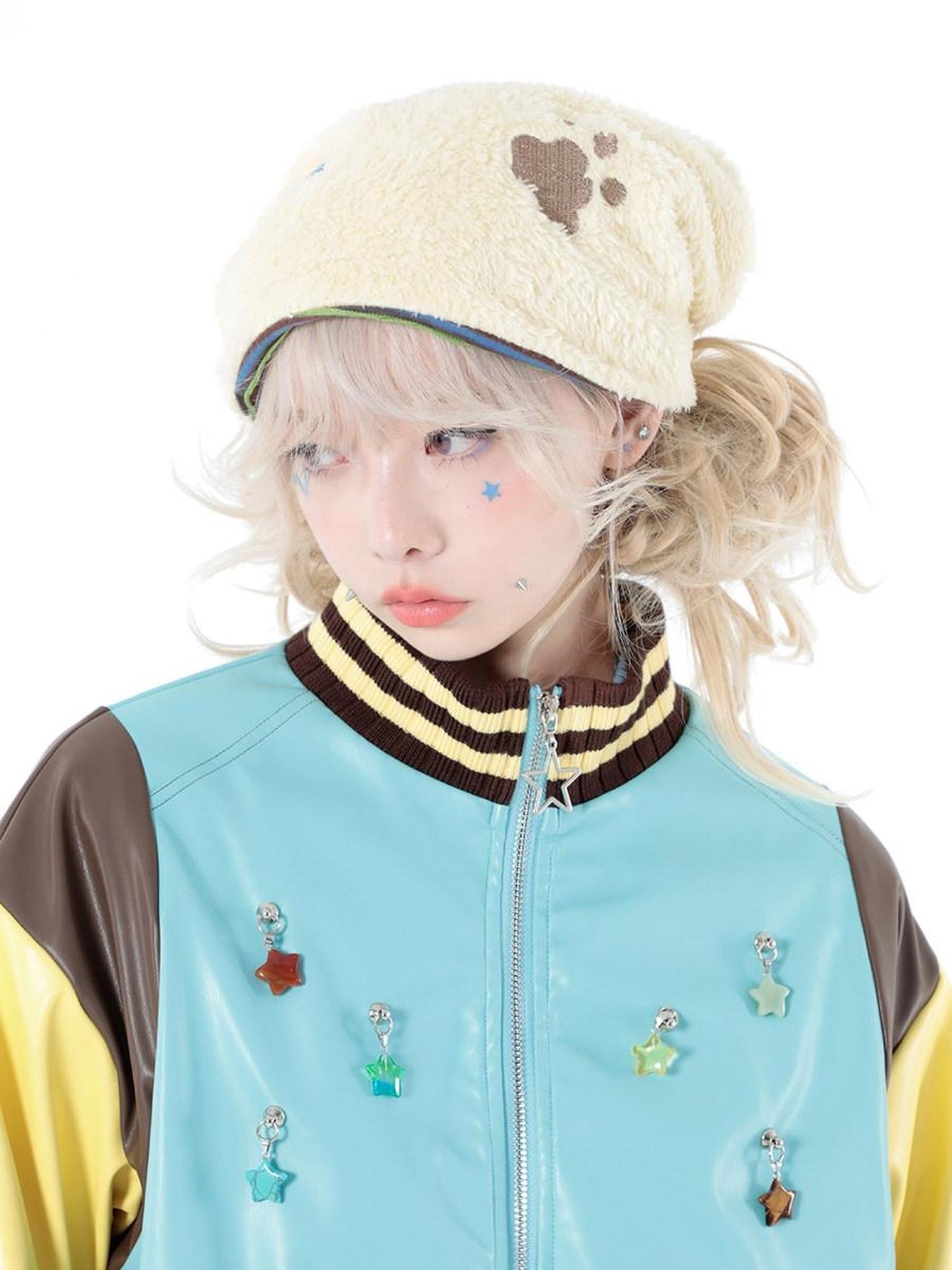 Hashtag DDD Star Embroidery Fleece Lined Stand Collar Women's Polyester Casual Jackets