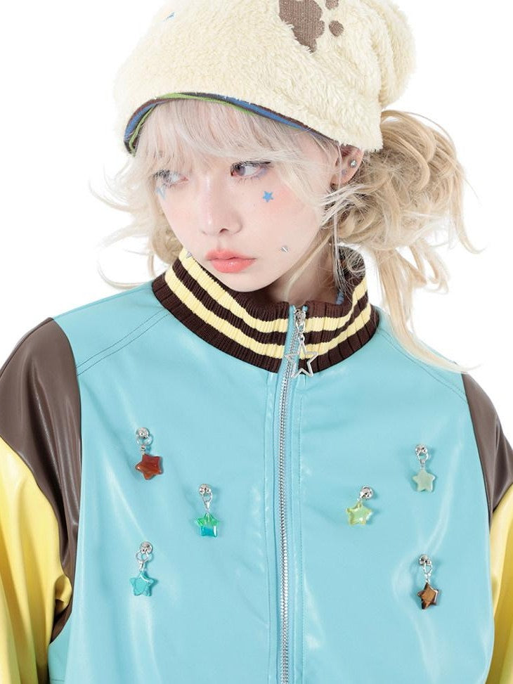 Hashtag DDD Star Embroidery Fleece Lined Stand Collar Women's Polyester Casual Jackets