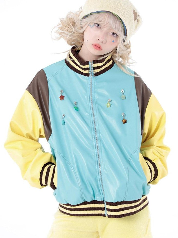Hashtag DDD Star Embroidery Fleece Lined Stand Collar Women's Polyester Casual Jackets