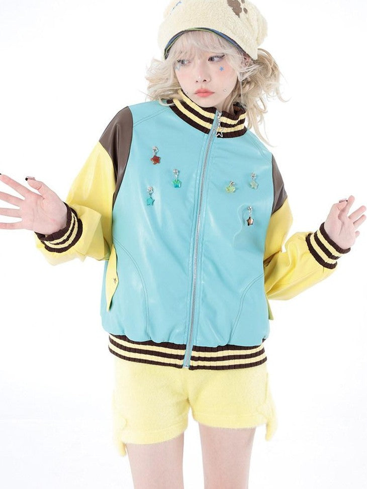 Hashtag DDD Star Embroidery Fleece Lined Stand Collar Women's Polyester Casual Jackets