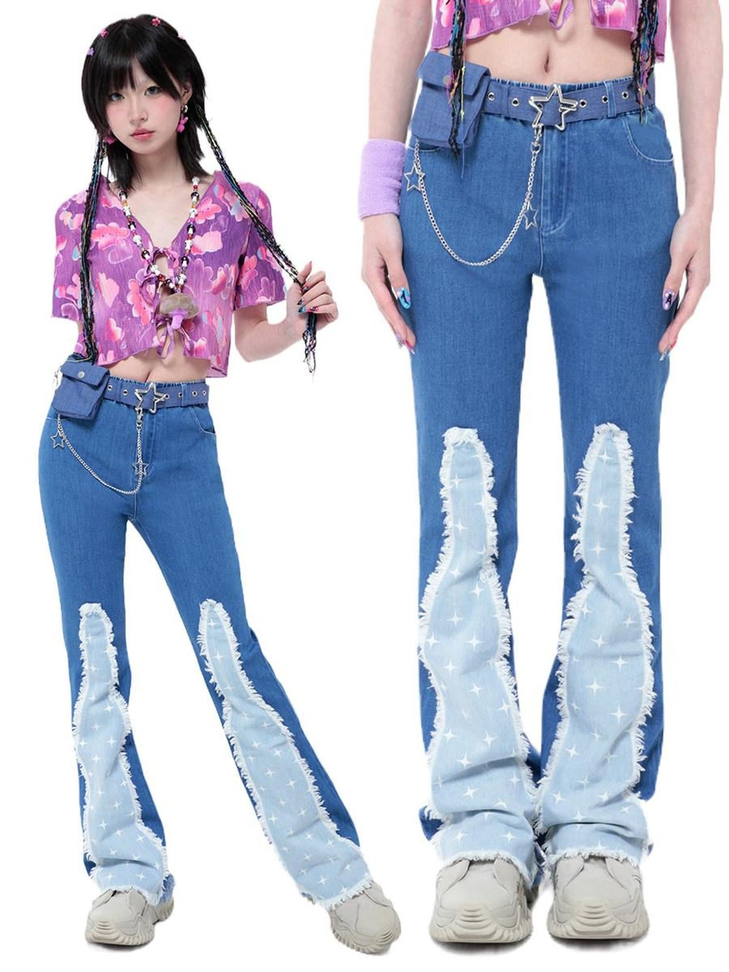 Hashtag DDD Star Patch Frayed Hem Slim Fit Women's Stretch Denim Flare Jeans