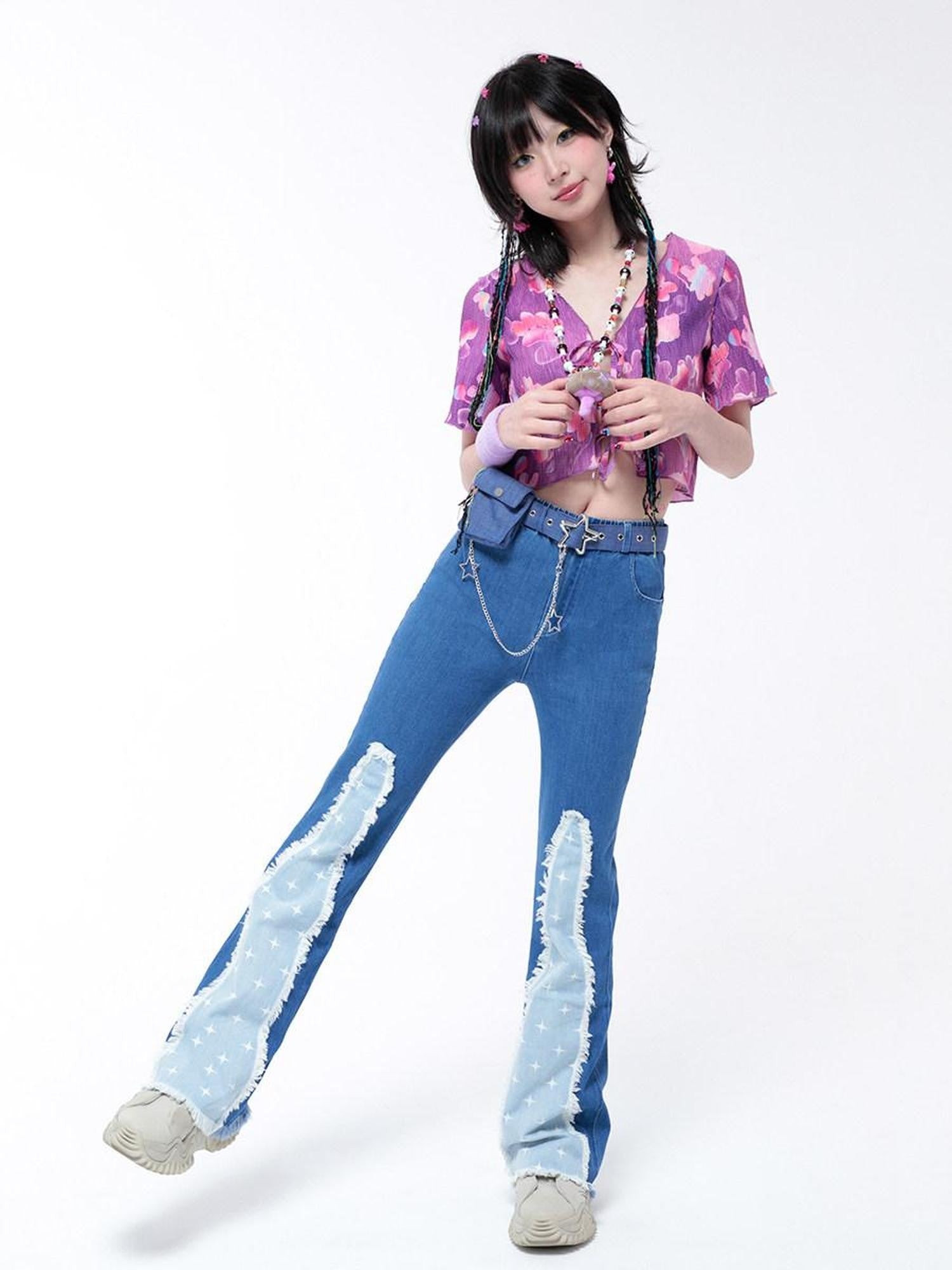 Hashtag DDD Star Patch Frayed Hem Slim Fit Women's Stretch Denim Flare Jeans