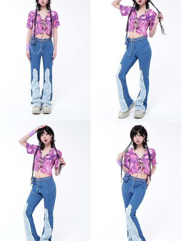 Hashtag DDD Star Patch Frayed Hem Slim Fit Women's Stretch Denim Flare Jeans