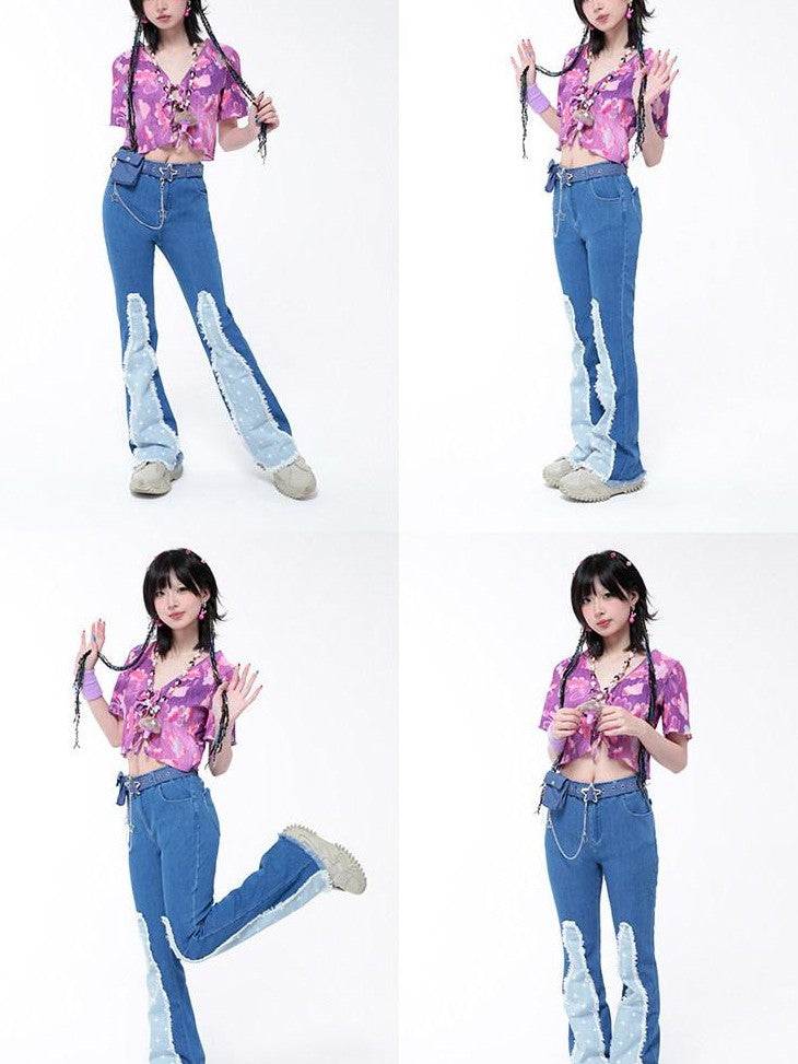 Hashtag DDD Star Patch Frayed Hem Slim Fit Women's Stretch Denim Flare Jeans