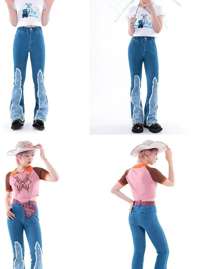 Hashtag DDD Star Patch Frayed Hem Slim Fit Women's Stretch Denim Flare Jeans