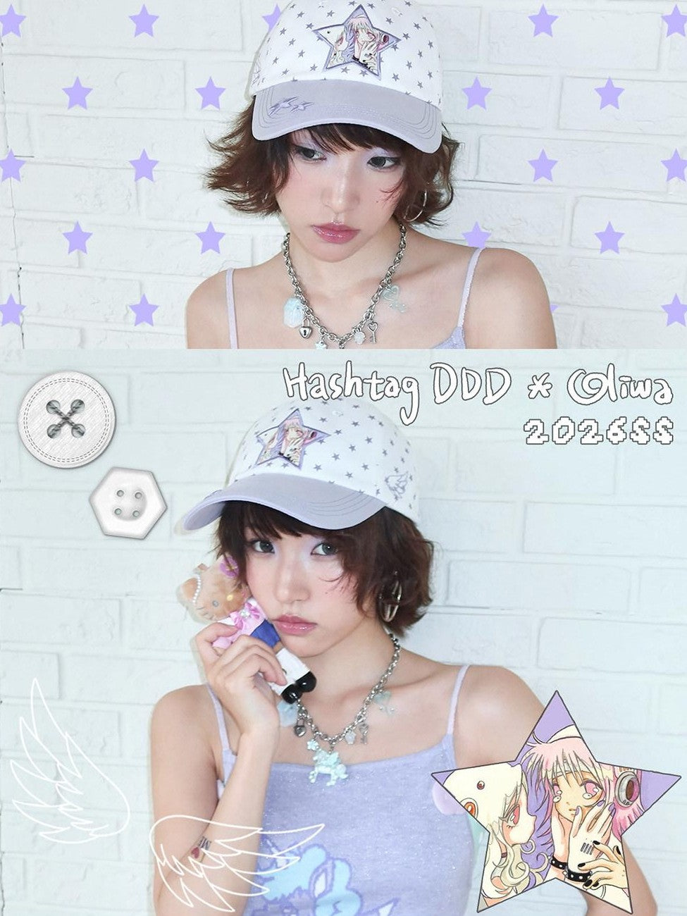 Hashtag DDD Star Pattern Soft Round Top Women's Cotton White Purple Baseball Caps