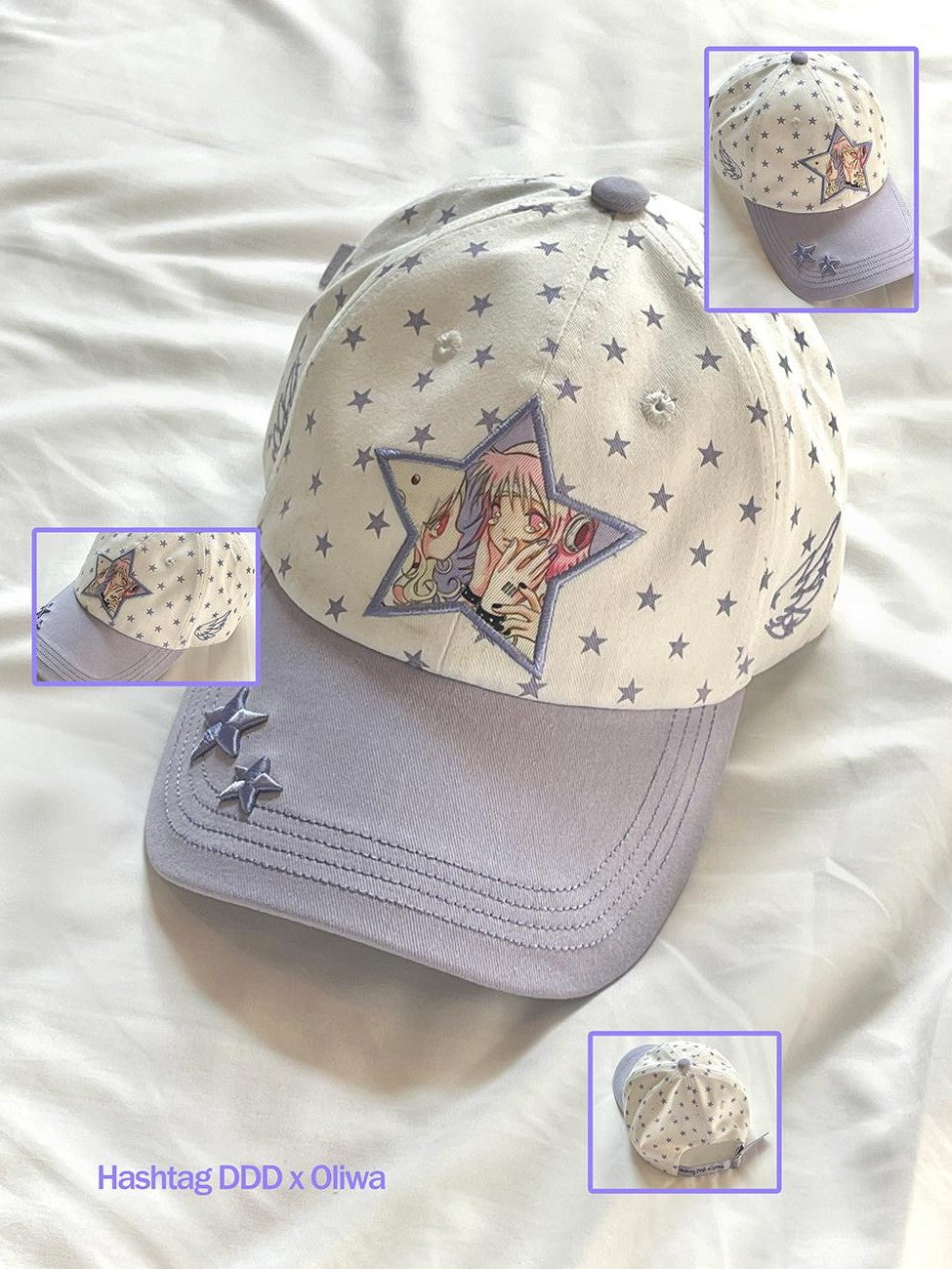 Hashtag DDD Star Pattern Soft Round Top Women's Cotton White Purple Baseball Caps