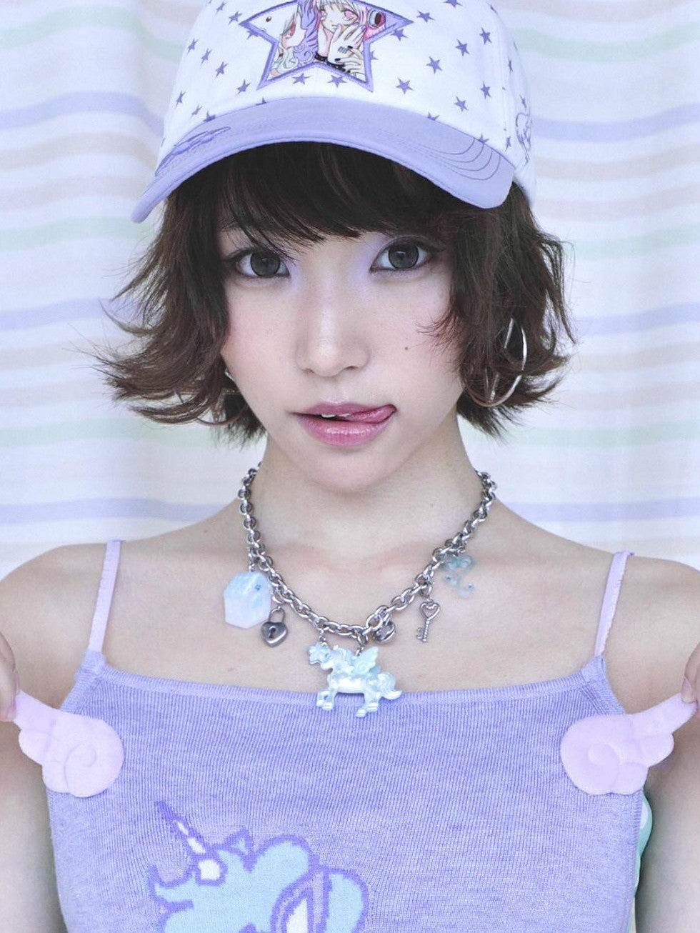 Hashtag DDD Star Pattern Soft Round Top Women's Cotton White Purple Baseball Caps
