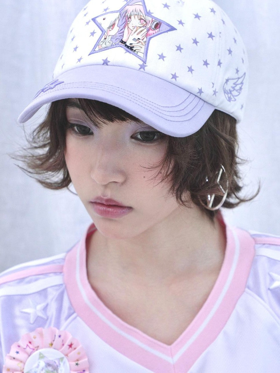 Hashtag DDD Star Pattern Soft Round Top Women's Cotton White Purple Baseball Caps