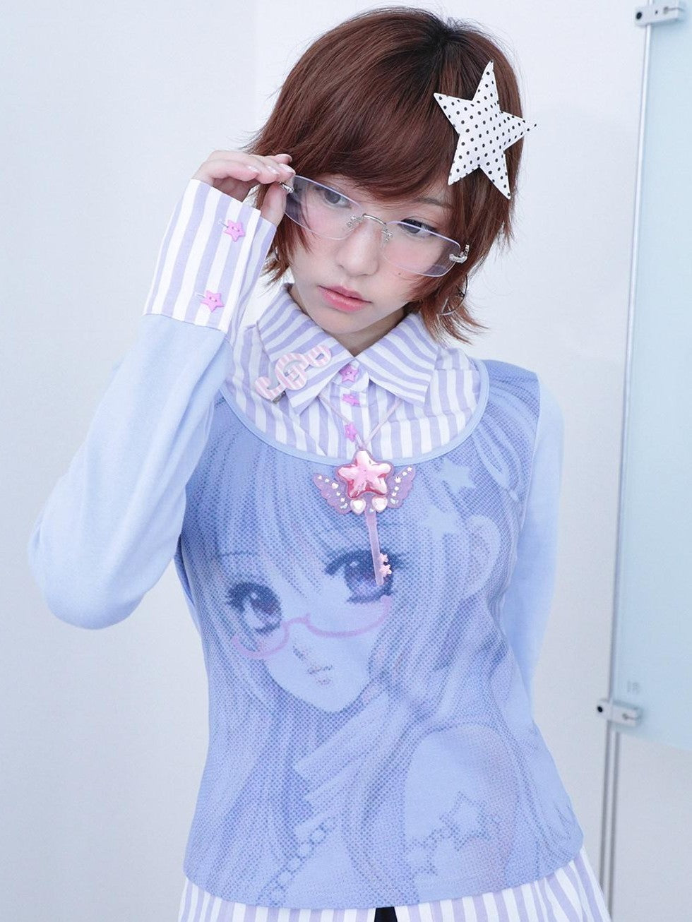 Hashtag DDD Striped Cartoon Print Faux Layered Slim Women's Cotton Long Sleeve T-shirts