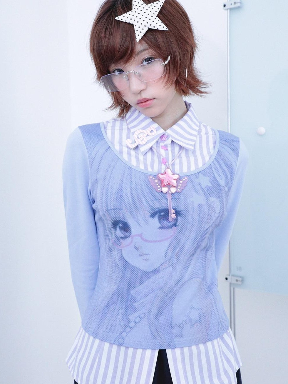 Hashtag DDD Striped Cartoon Print Faux Layered Slim Women's Cotton Long Sleeve T-shirts