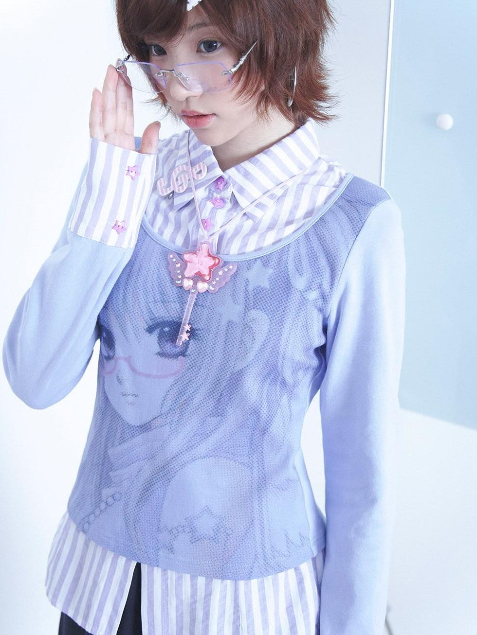 Hashtag DDD Striped Cartoon Print Faux Layered Slim Women's Cotton Long Sleeve T-shirts