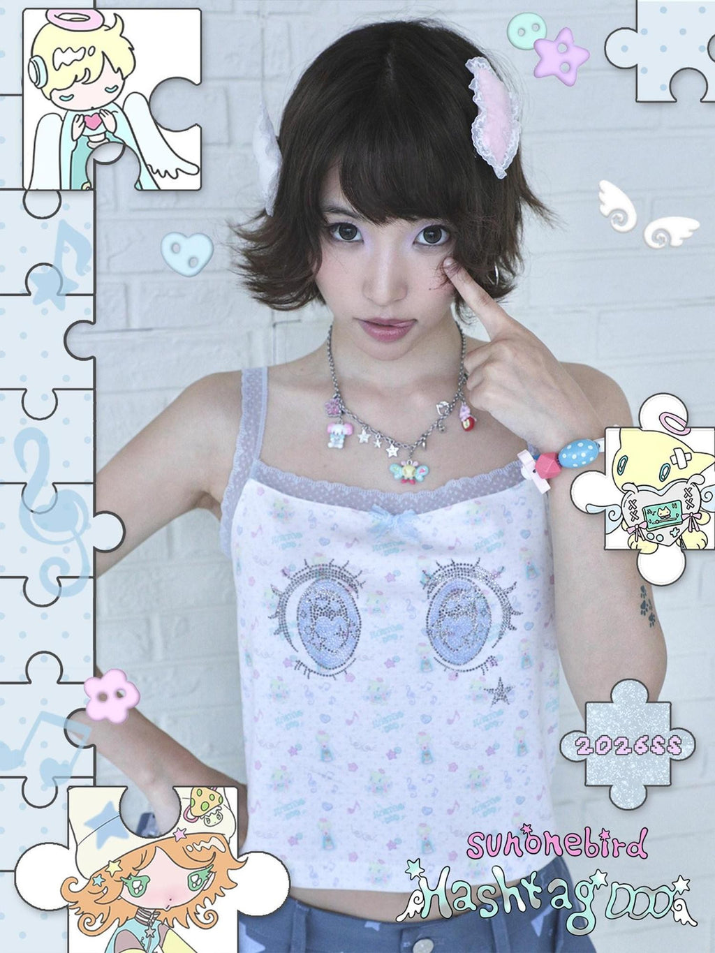 Hashtag DDD Whimsical Bird Print Rhinestone Square Neck Women's Polyester Lace Camisoles
