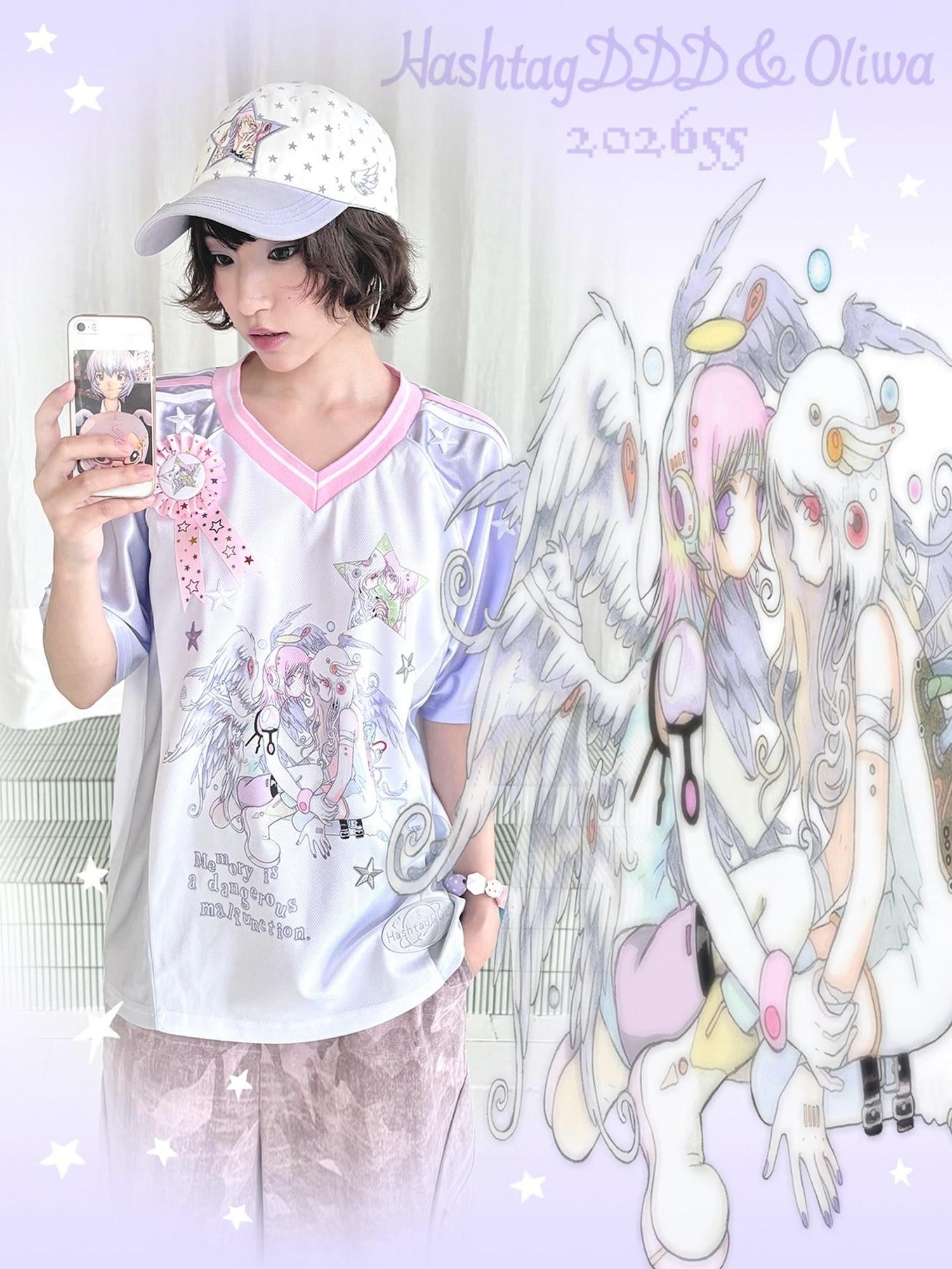 Hashtag DDD White Purple Patchwork Star V-neck Women's Polyester Short Sleeve T-shirts