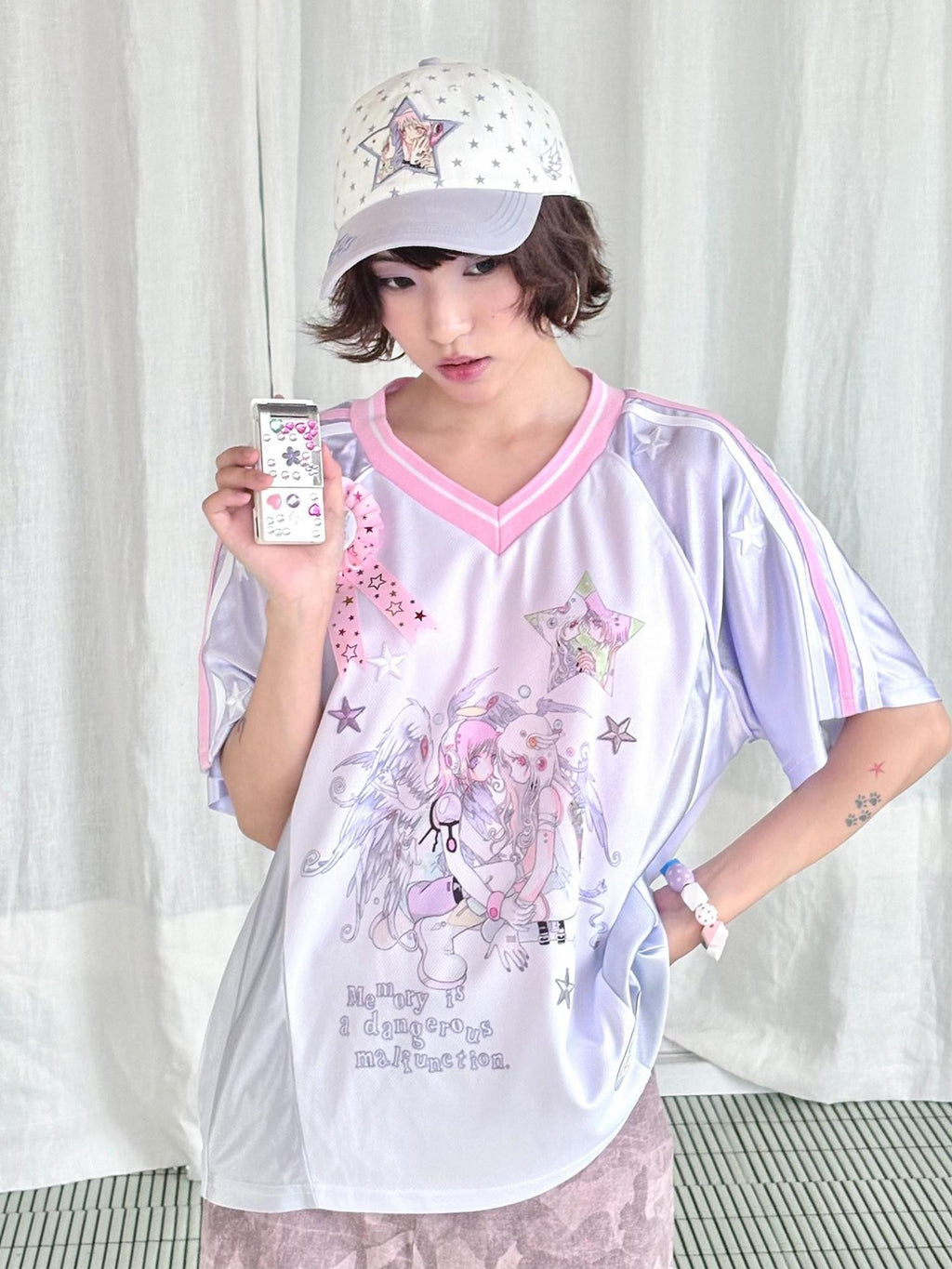 Hashtag DDD White Purple Patchwork Star V-neck Women's Polyester Short Sleeve T-shirts