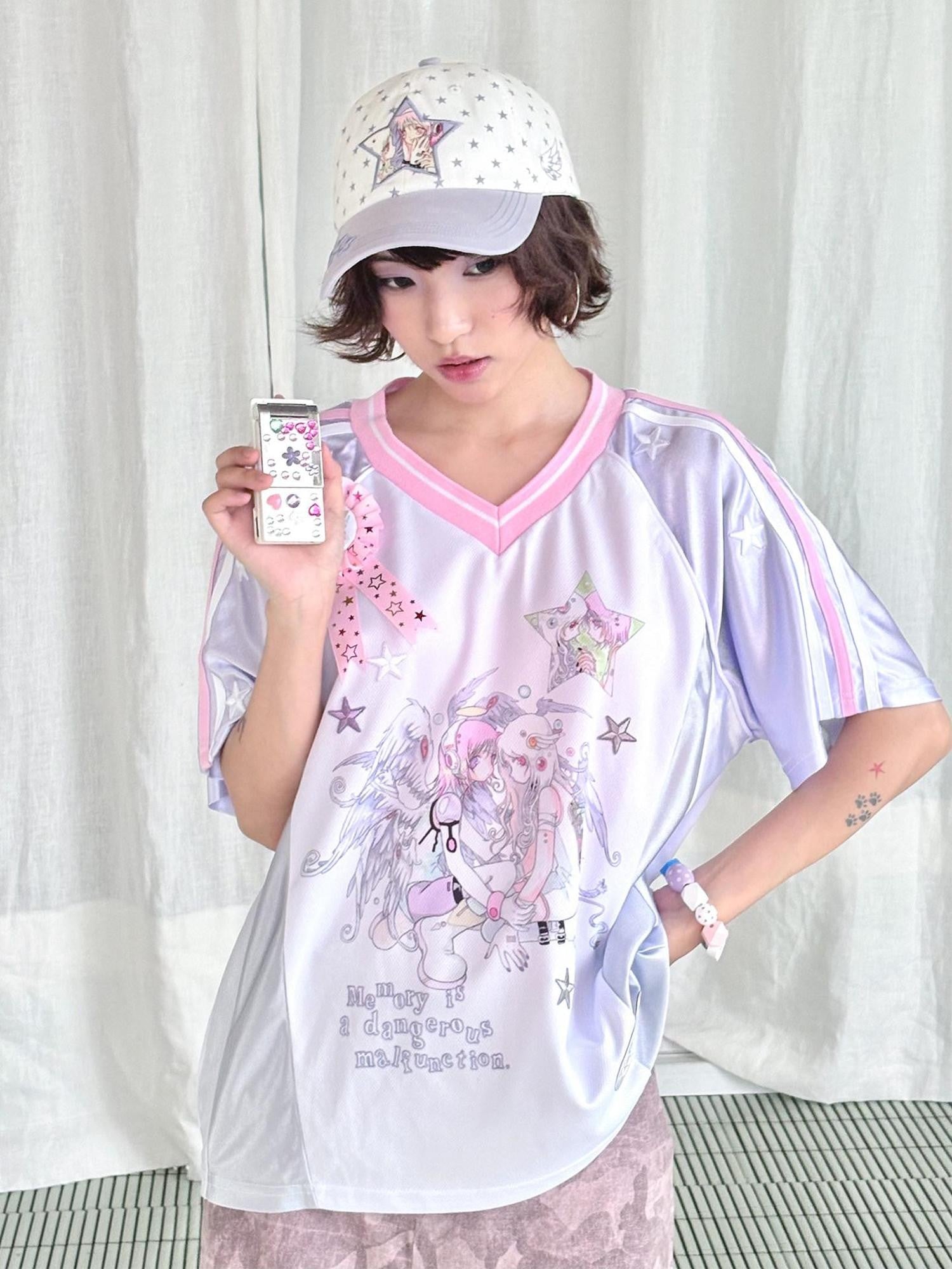 Hashtag DDD White Purple Patchwork Star V-neck Women's Polyester Short Sleeve T-shirts