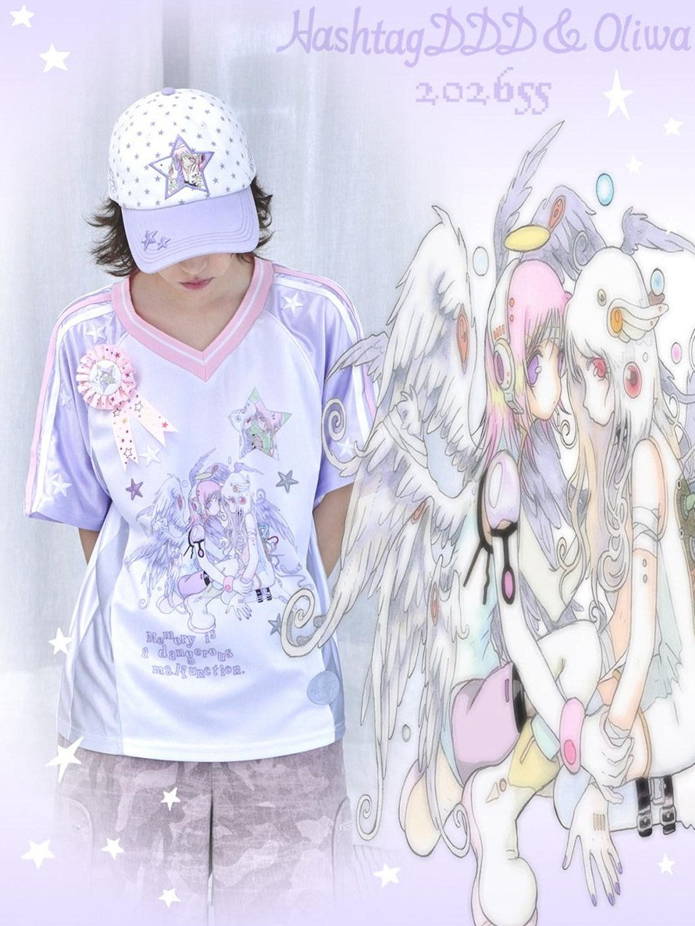 Hashtag DDD White Purple Patchwork Star V-neck Women's Polyester Short Sleeve T-shirts