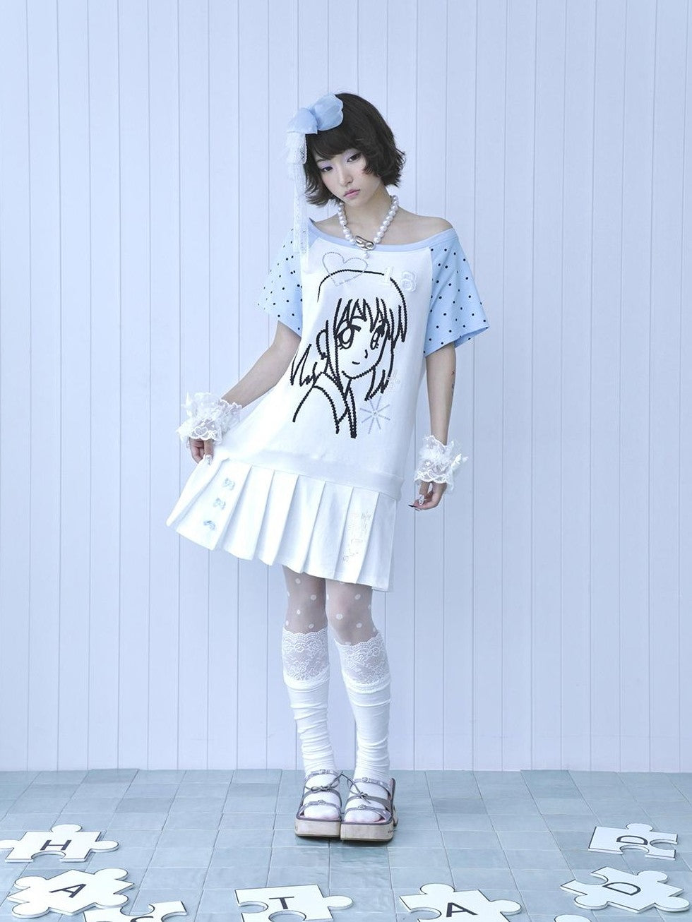 Hashtag DDD Y2k Blue White Rhinestone Off Shoulder Short Sleeve Pleated Women's Cotton Casual Mini Dresses